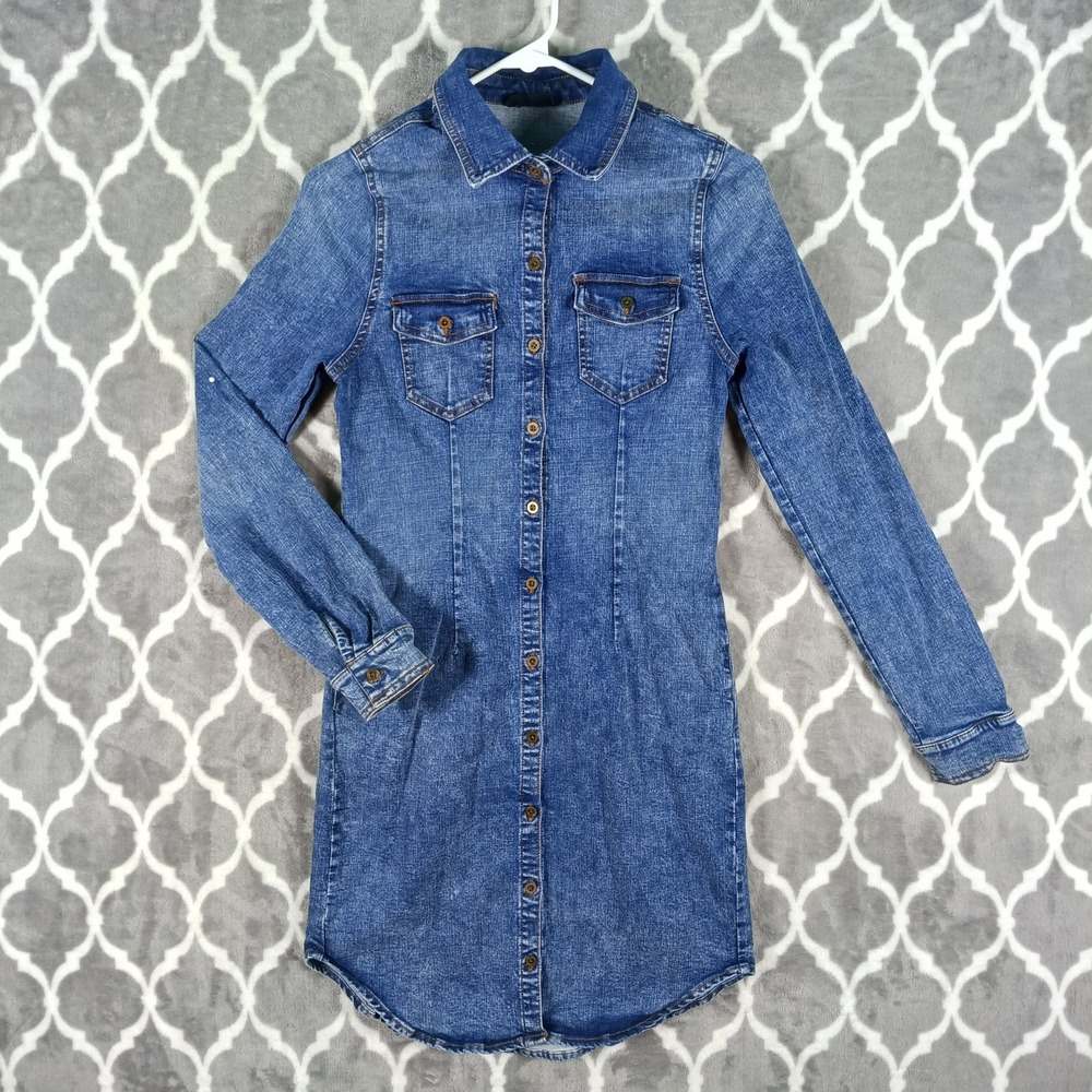 Denim Shirt Dress Women M Blue Fitted Stretch Cowgirl Western Mini Triple Seven